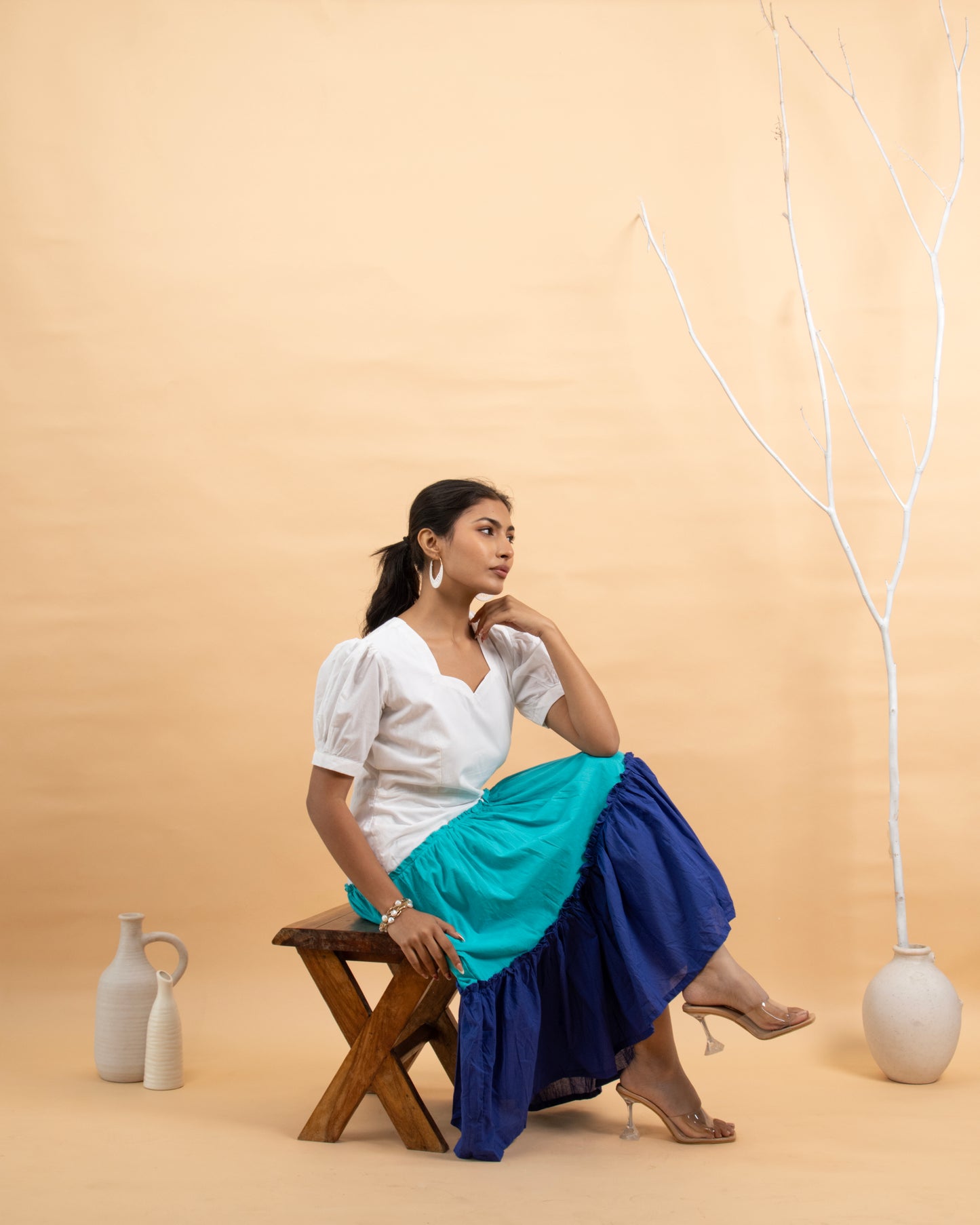 Laguna Love Ivory to Blue Tiered Puff Sleeve Maxi Dress for Women + Lagoon Lounge Sky Blue to Ivory Ombré Relaxed Fit Shirt for Men