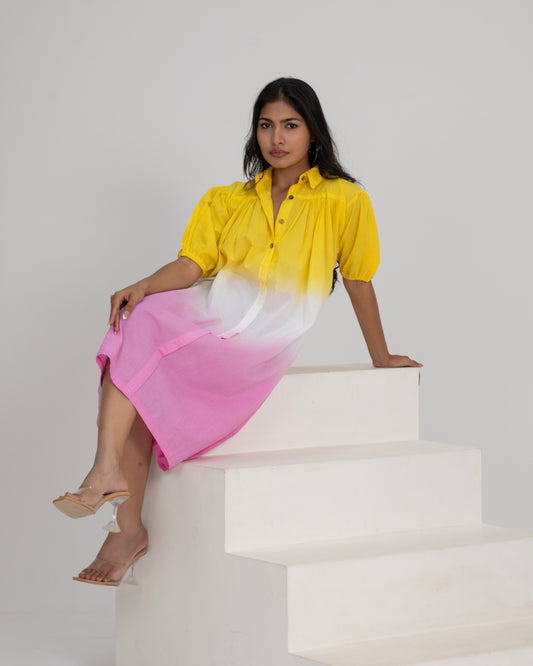 Gulabo Aura Yellow White Pink Ombré Flared Shirt Dress with Puff Sleeves for Women