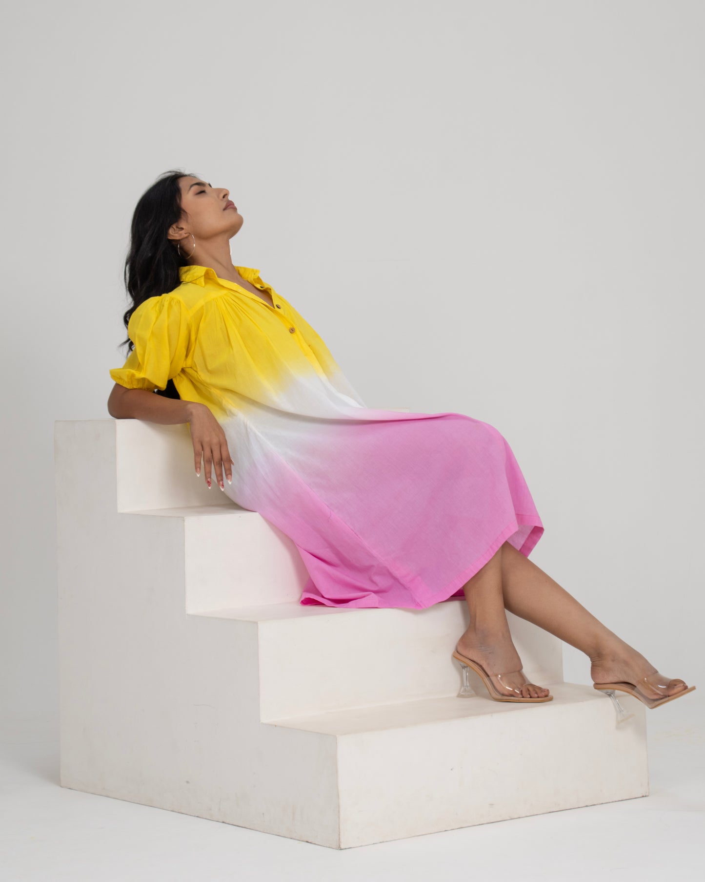 Gulabo Aura Yellow White Pink Ombré Flared Shirt Dress with Puff Sleeves for Women
