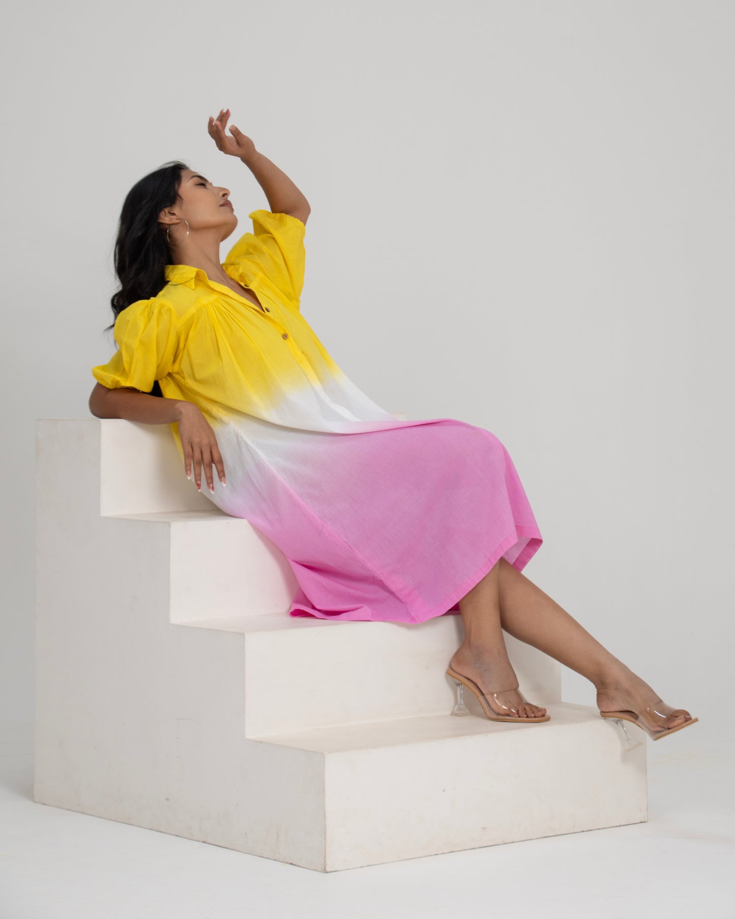 Gulabo Aura Yellow White Pink Ombré Flared Shirt Dress with Puff Sleeves for Women