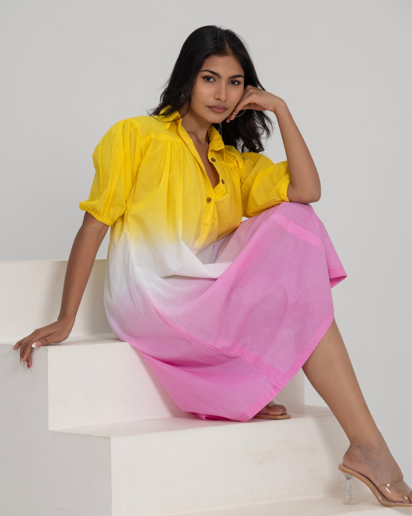 Gulabo Aura Yellow White Pink Ombré Flared Shirt Dress with Puff Sleeves for Women
