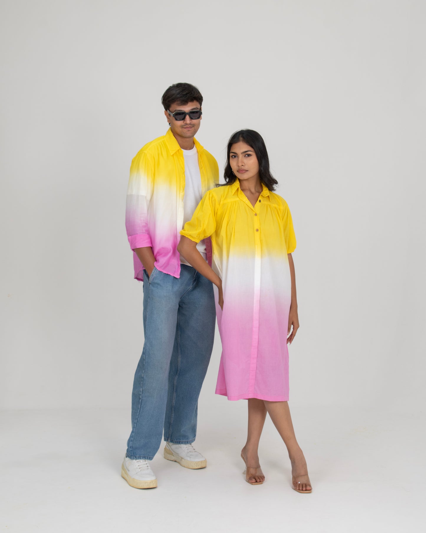 Gulabo Aura Flared Ombré Puff Sleeve Dress + Dry Mango Pastel Ombre Breathable Cotton Shirt Couple Set
