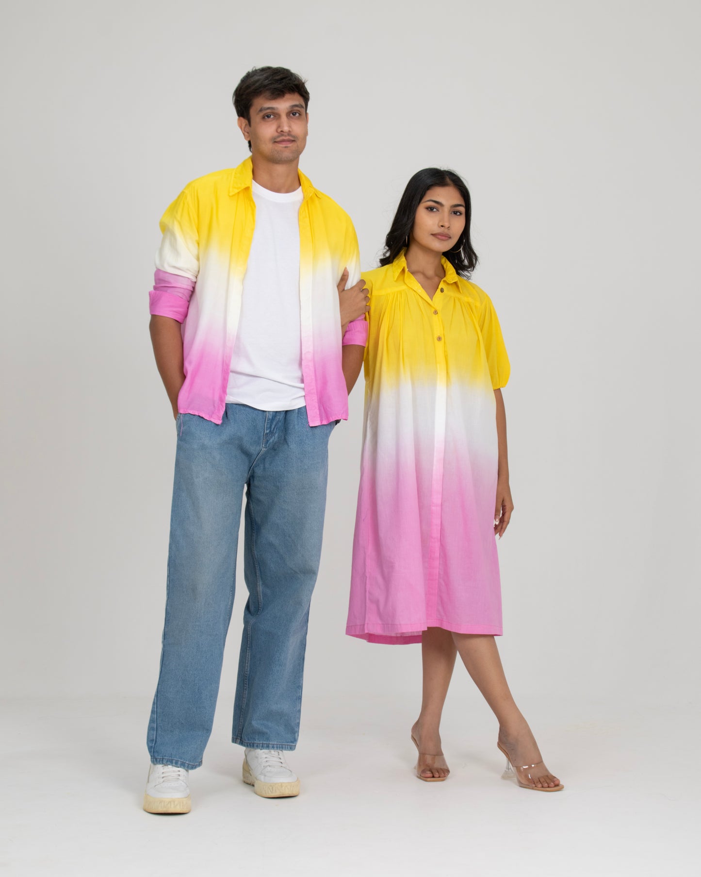 Gulabo Aura Flared Ombré Puff Sleeve Dress + Dry Mango Pastel Ombre Breathable Cotton Shirt Couple Set