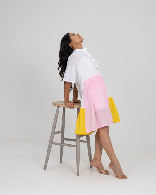 Morning Mellow Ivory, Yellow & Pink Colorblock Shirt Dress with Flounce Sleeves for Women