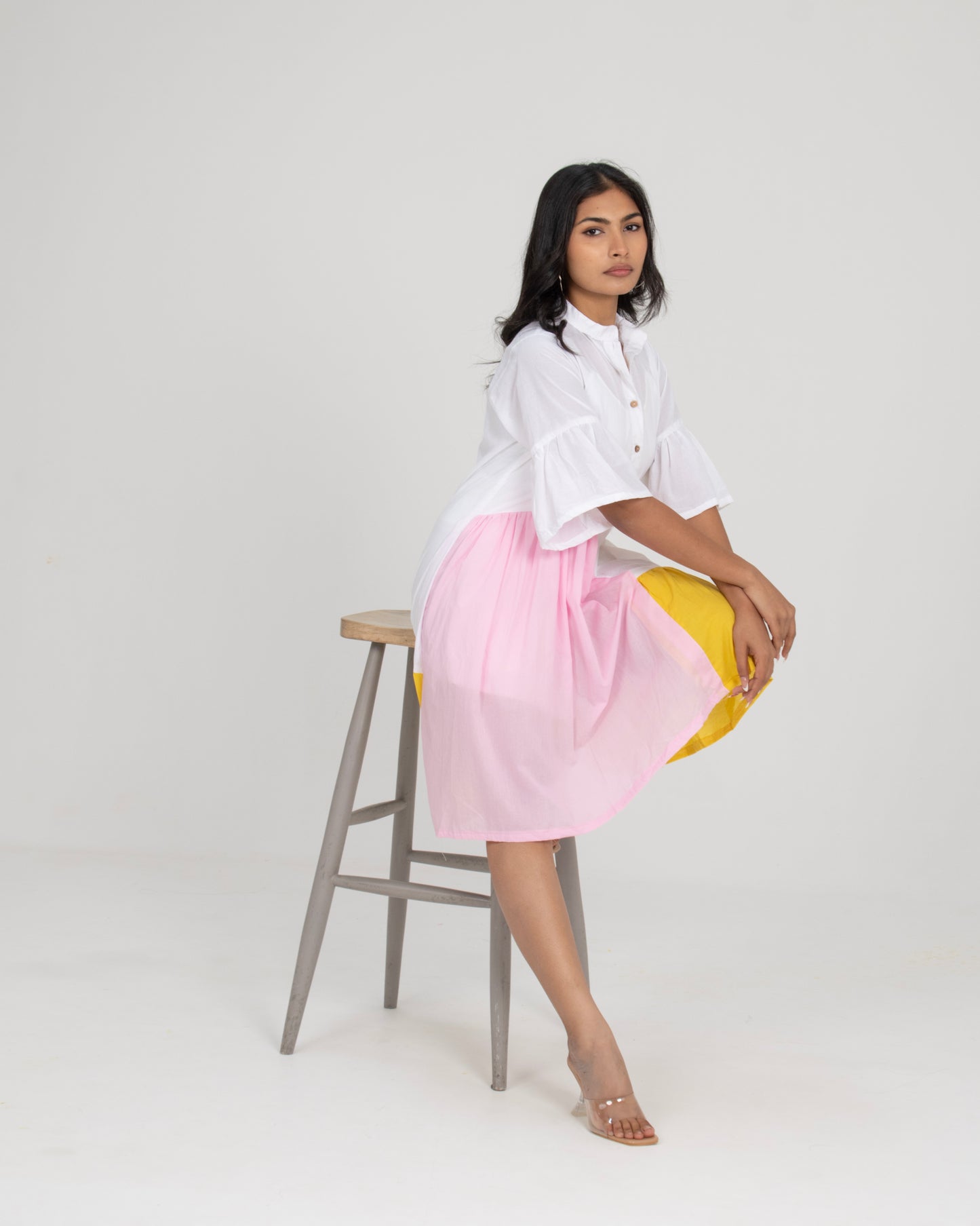 Morning Mellow Ivory, Yellow & Pink Colorblock Shirt Dress with Flounce Sleeves for Women