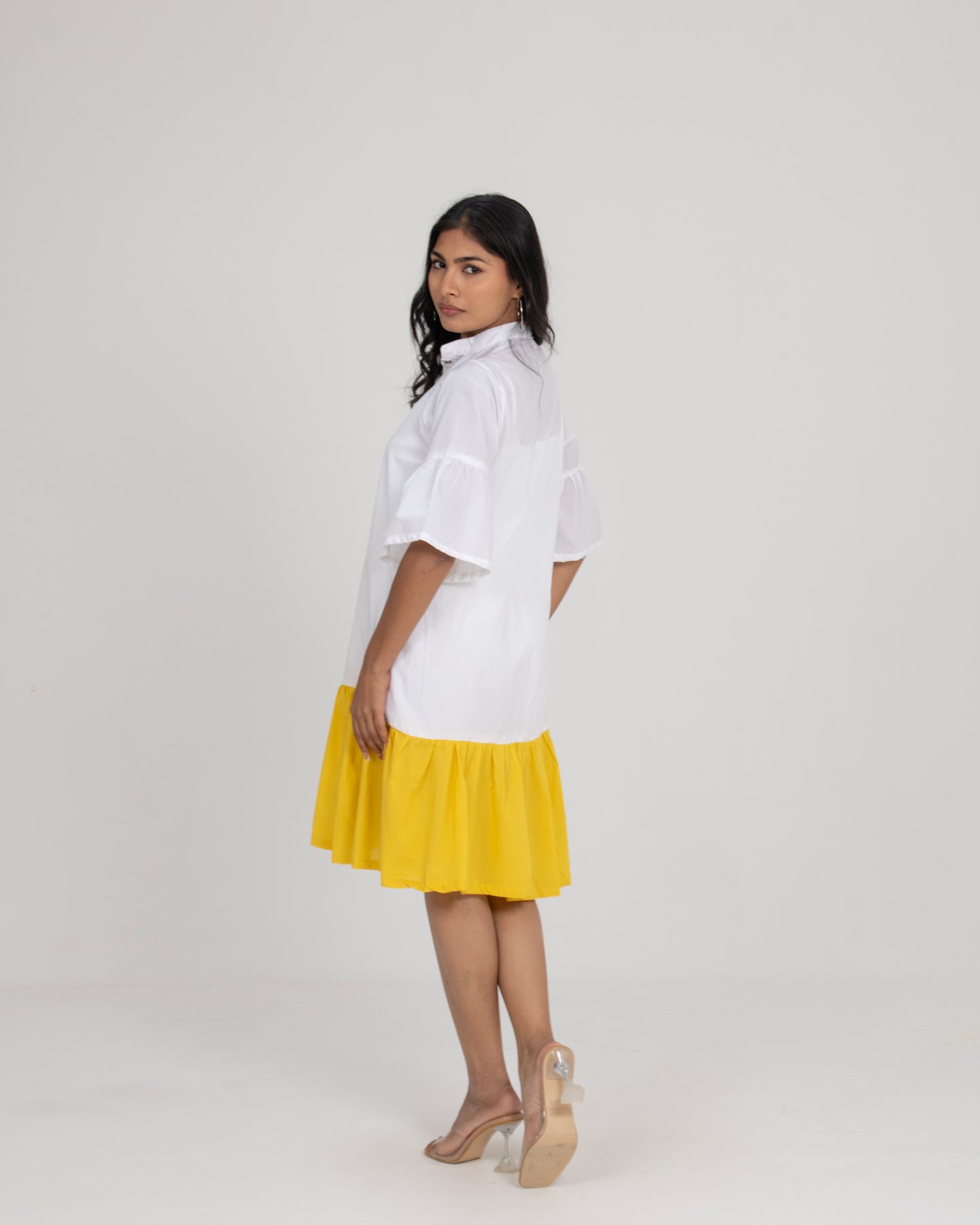 Morning Mellow Ivory, Yellow & Pink Colorblock Shirt Dress with Flounce Sleeves for Women