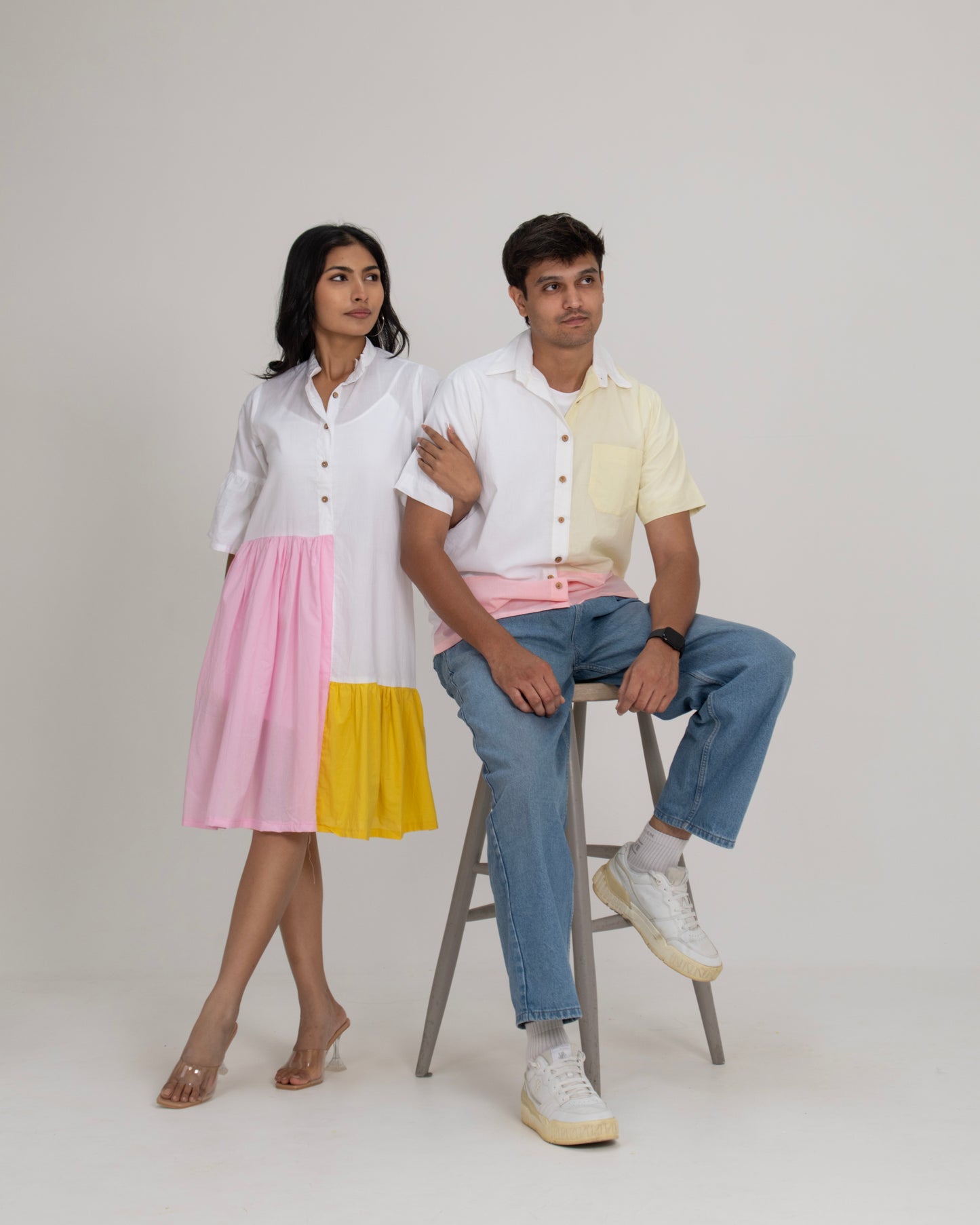 Morning Mellow Flounce Tier Dress for Women + Pastel Edit Colorblock Shirt for Men