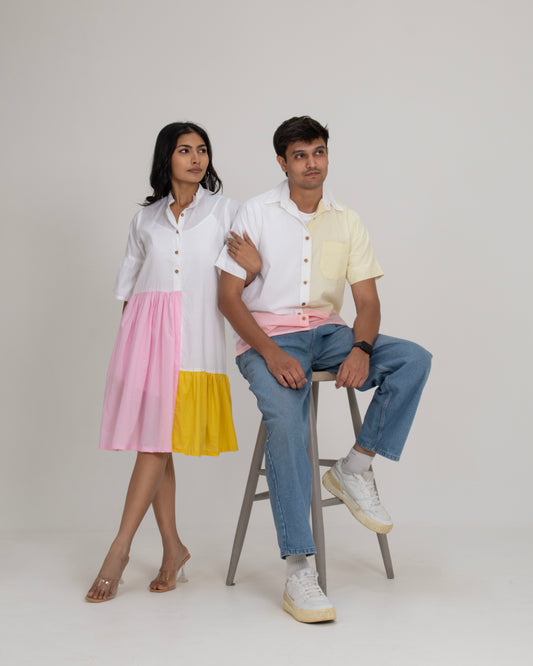 Morning Mellow Flounce Tier Dress for Women + Pastel Edit Colorblock Shirt for Men
