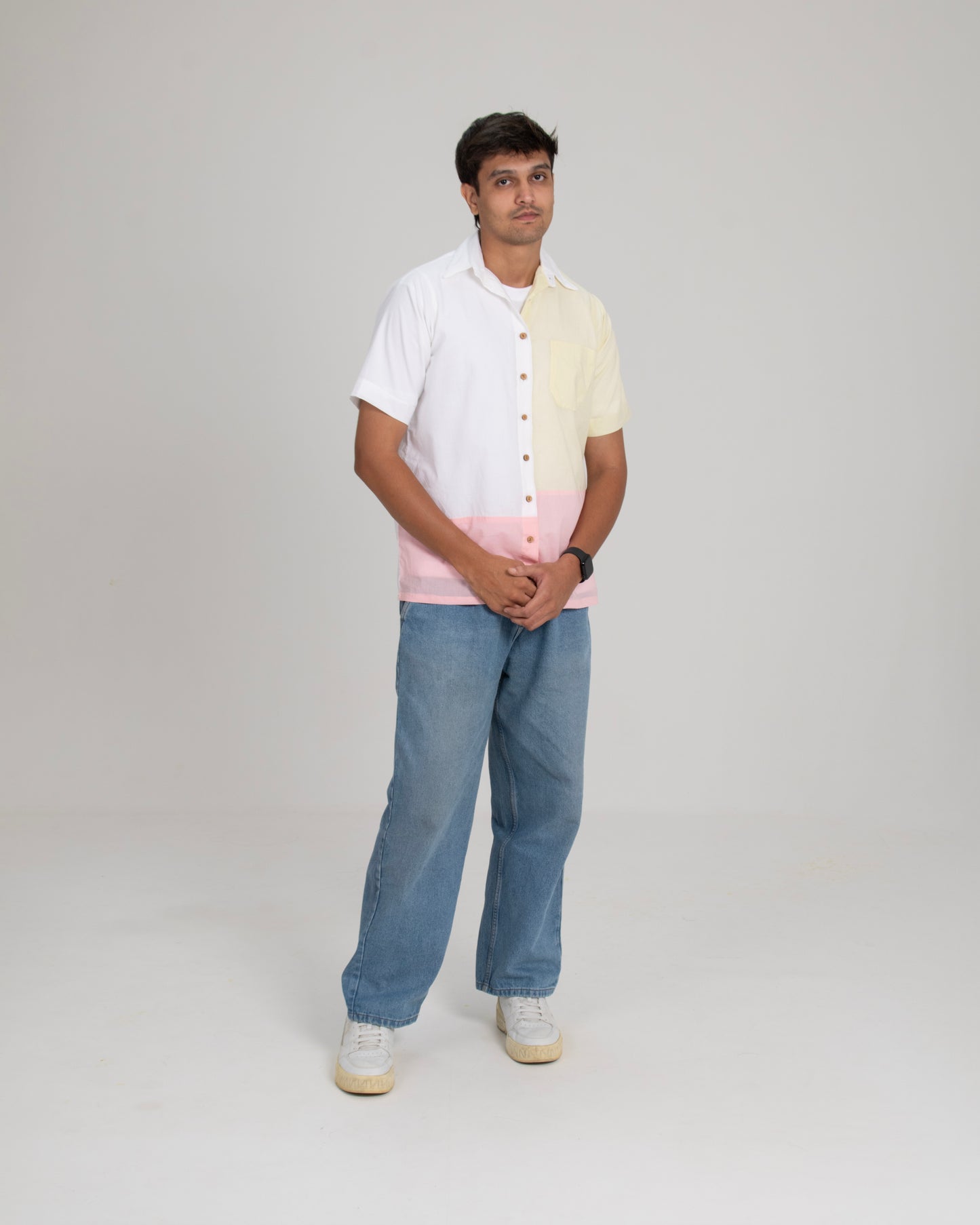 Pastel Edit Ivory, Yellow & Pink Colorblock Cotton Shirt with Patch Pocket for Men