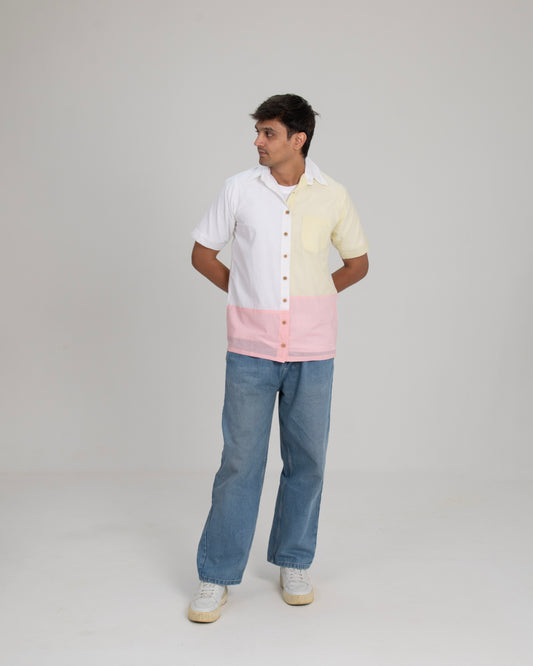 Pastel Edit Ivory, Yellow & Pink Colorblock Cotton Shirt with Patch Pocket for Men