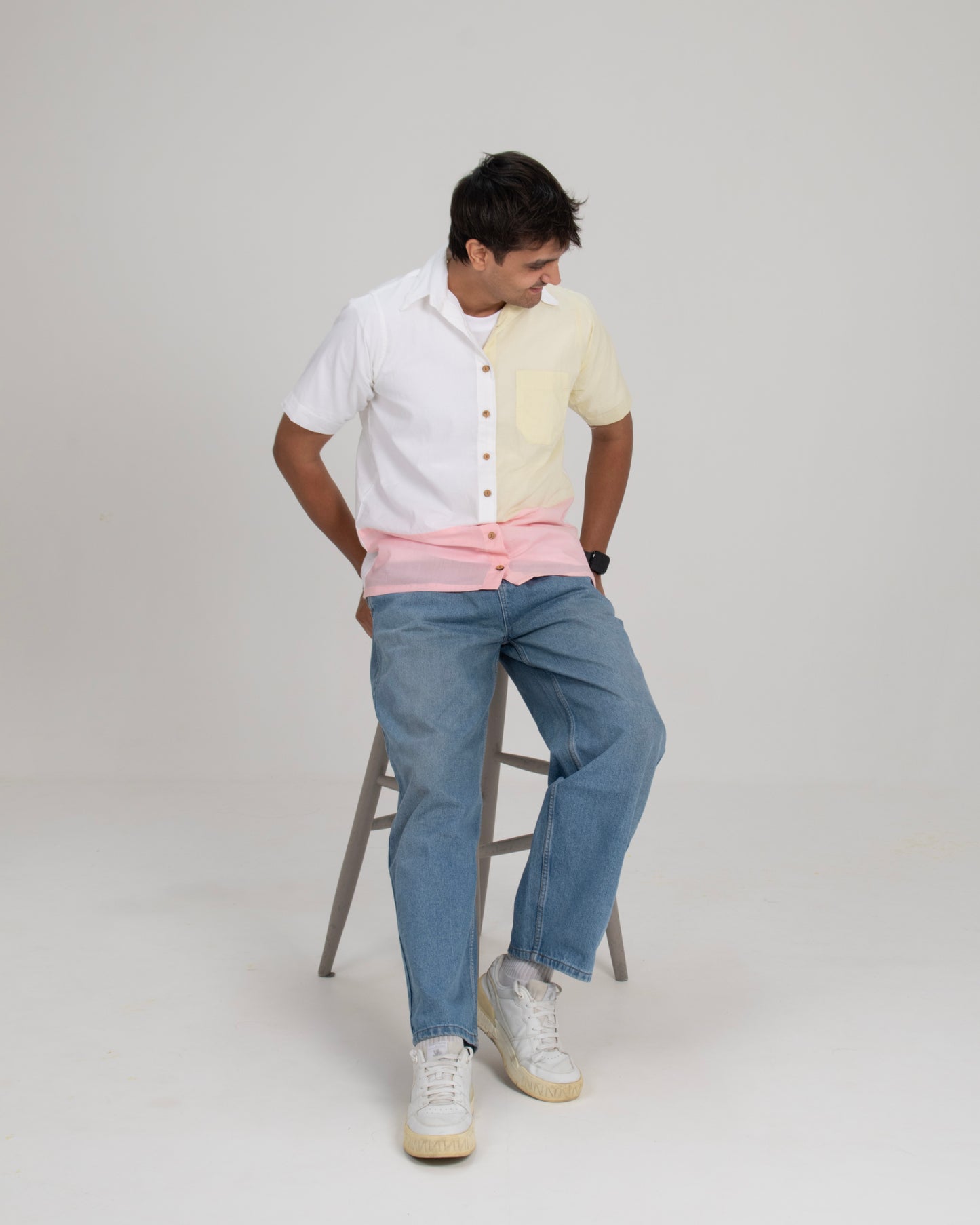 Pastel Edit Ivory, Yellow & Pink Colorblock Cotton Shirt with Patch Pocket for Men