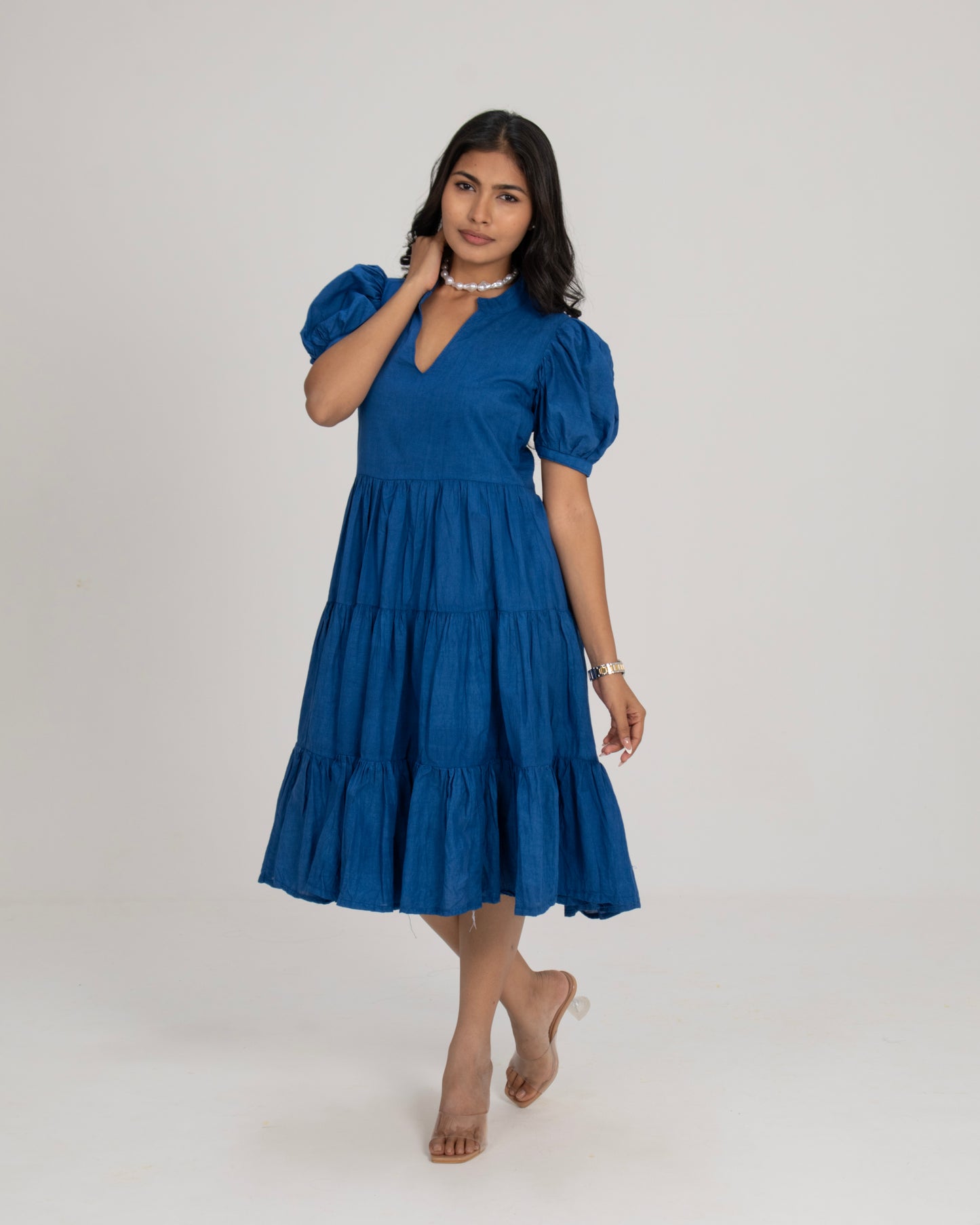 Midnight Mykonos Cobalt Blue Tiered Puff Sleeve V-Neck Maxi Dress for Women