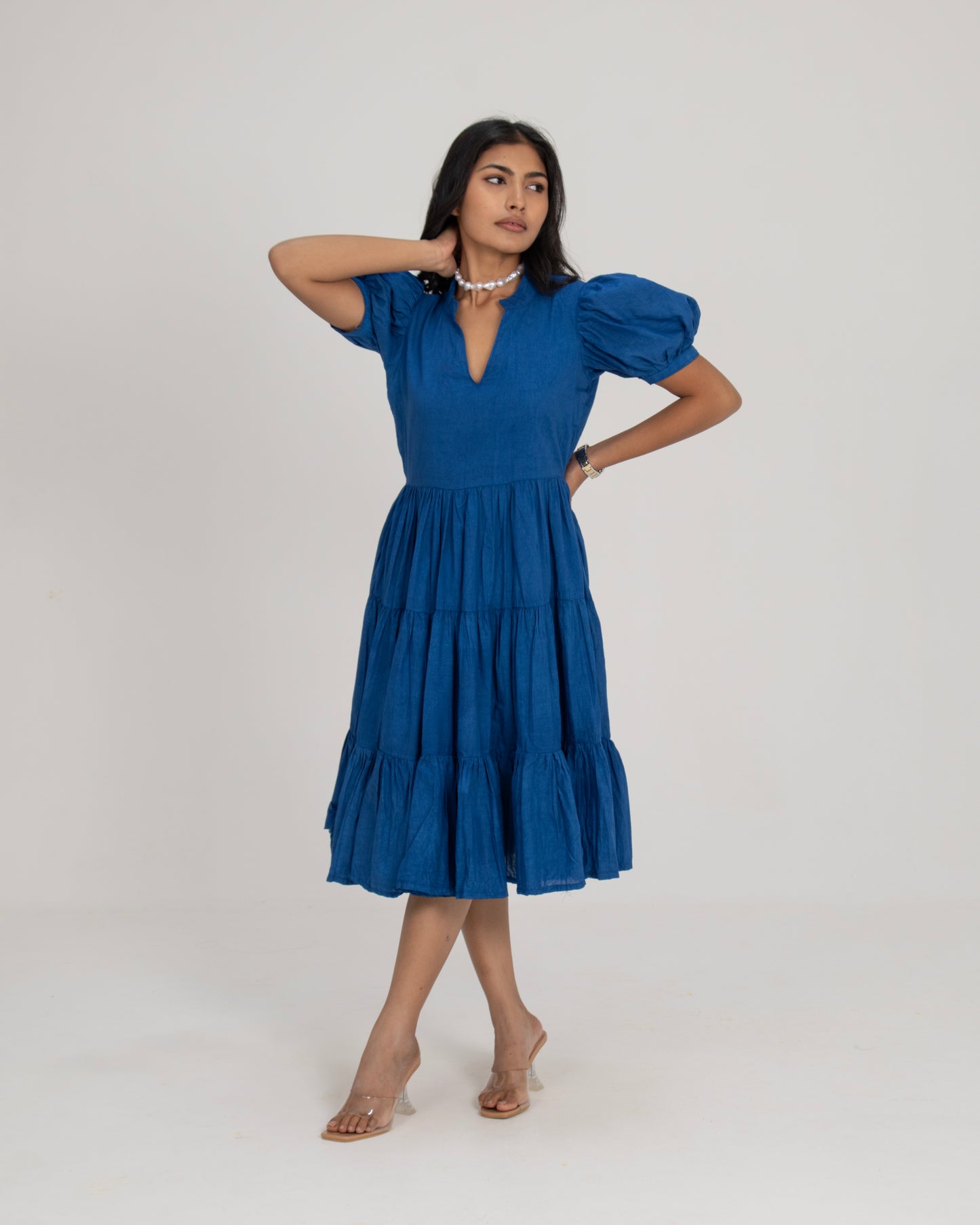 Midnight Mykonos Cobalt Blue Tiered Puff Sleeve V-Neck Maxi Dress for Women