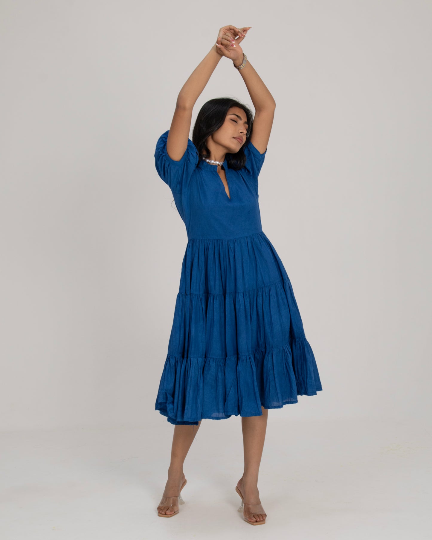 Midnight Mykonos Cobalt Blue Tiered Puff Sleeve V-Neck Maxi Dress for Women