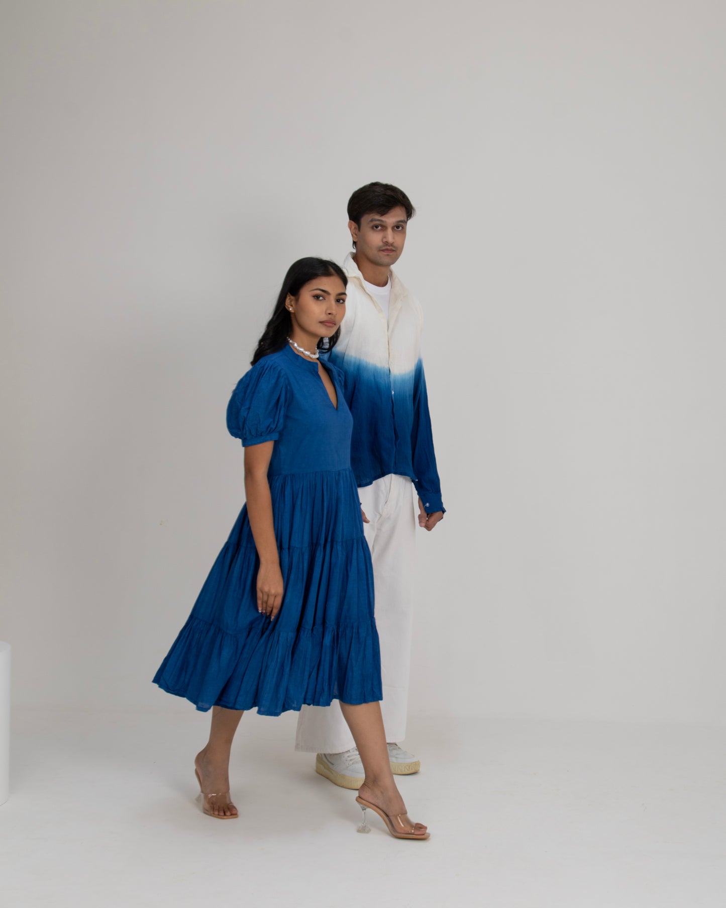 Midnight Mykonos Tiered Puff Sleeve Cobalt Blue Maxi Dress for Women + Sunday Blues Ivory to Ocean Blue Ombre Crinkled Cotton Shirt for Men