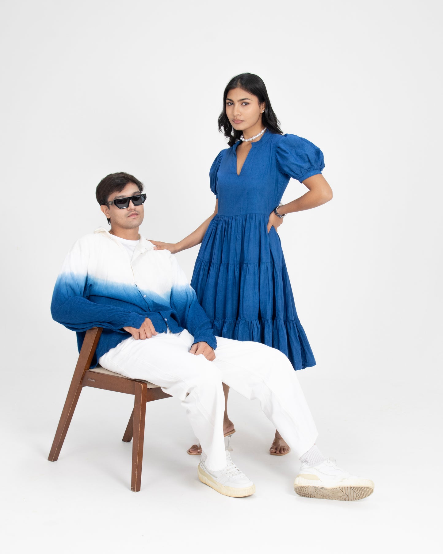 Midnight Mykonos Tiered Puff Sleeve Cobalt Blue Maxi Dress for Women + Sunday Blues Ivory to Ocean Blue Ombre Crinkled Cotton Shirt for Men