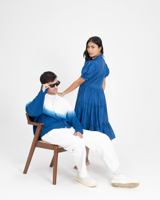 Midnight Mykonos Tiered Puff Sleeve Cobalt Blue Maxi Dress for Women + Sunday Blues Ivory to Ocean Blue Ombre Crinkled Cotton Shirt for Men