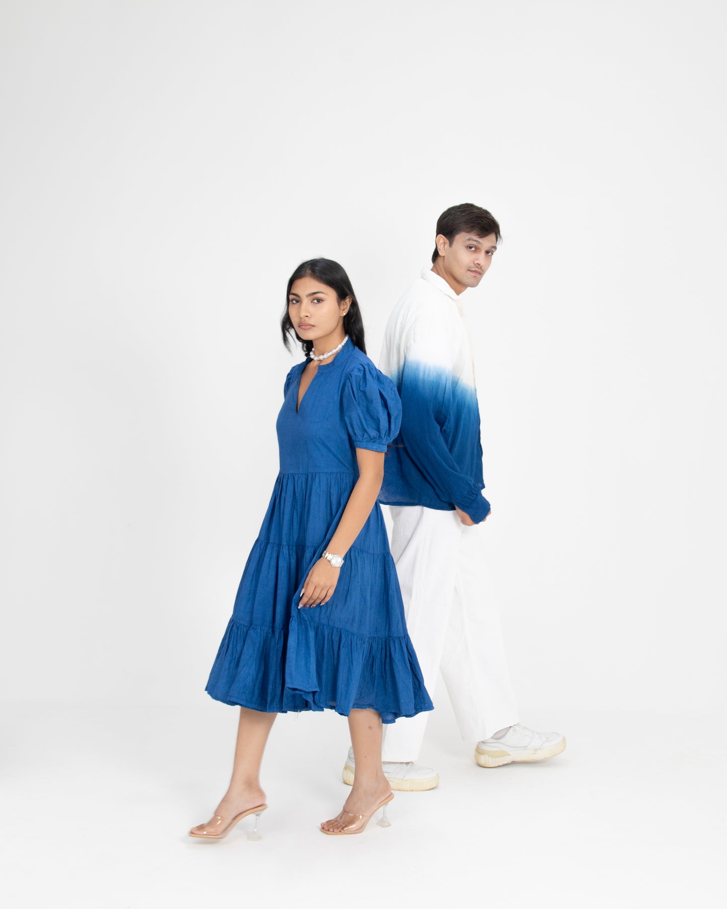 Midnight Mykonos Tiered Puff Sleeve Cobalt Blue Maxi Dress for Women + Sunday Blues Ivory to Ocean Blue Ombre Crinkled Cotton Shirt for Men