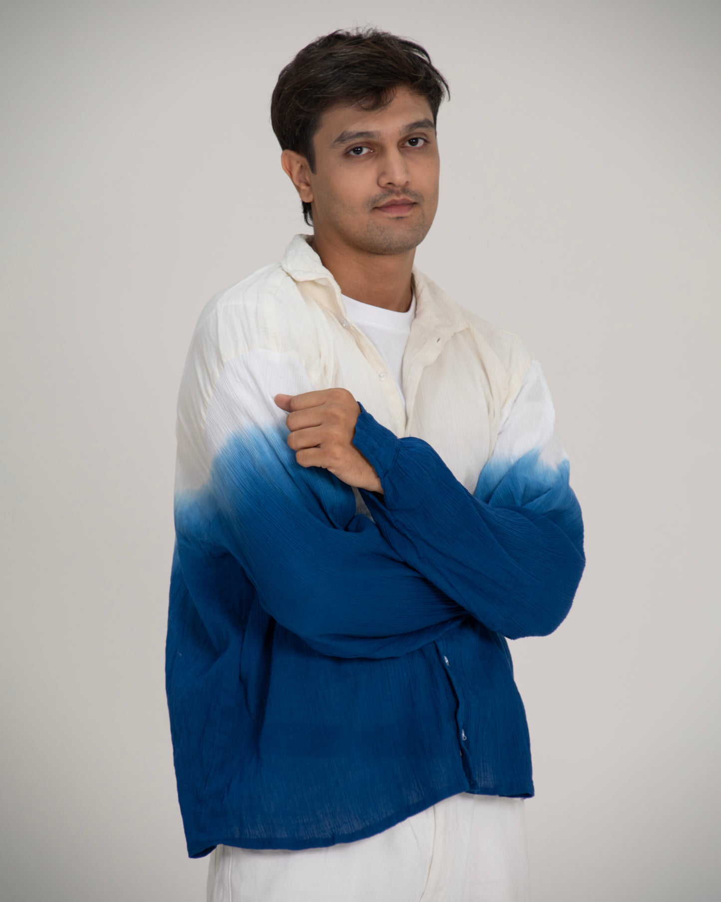 Sunday Blues Ivory to Blue Ombré Long Sleeve Cotton Shirt for Men