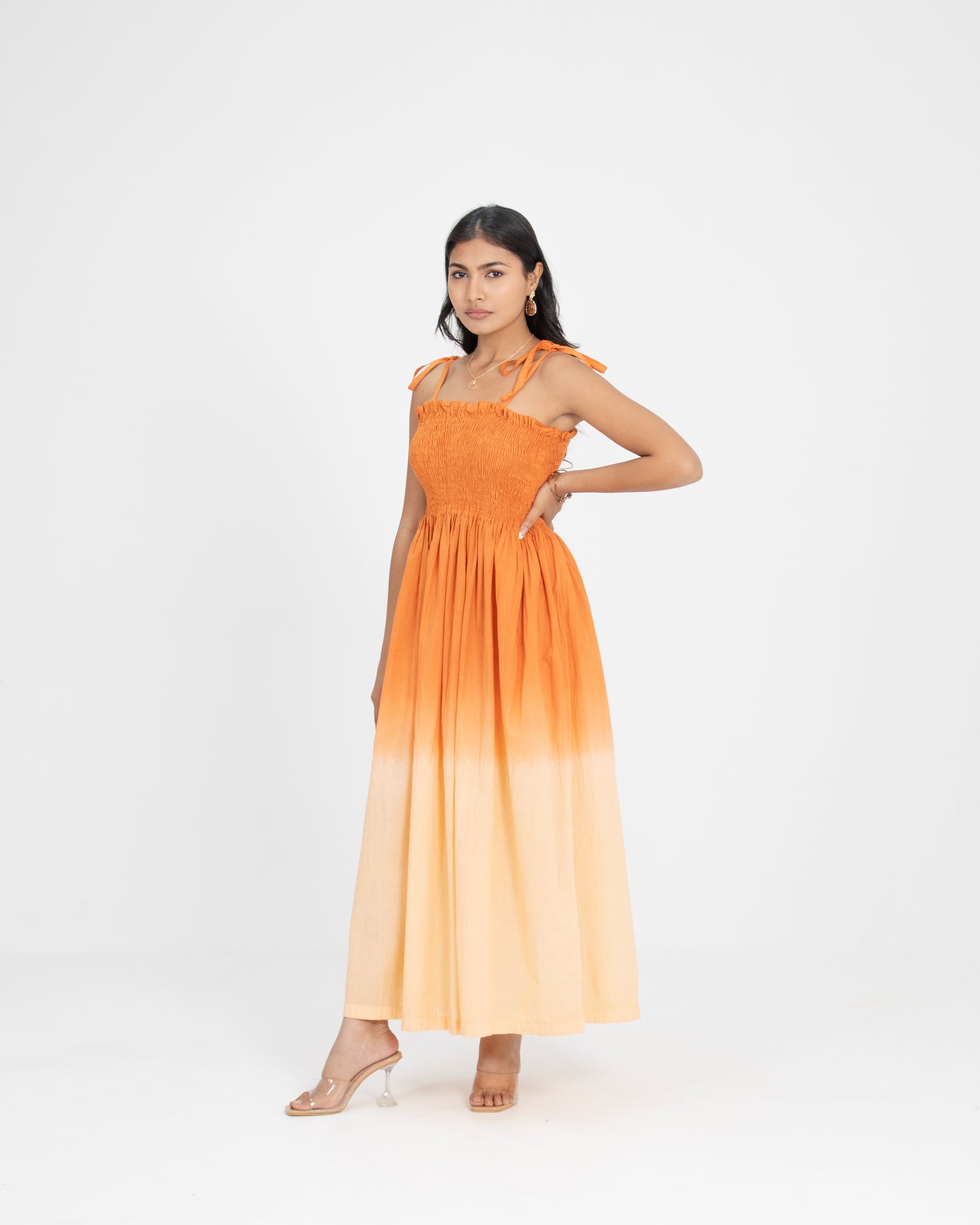 Sunset Dune Smocked Terracotta to Beige Ombré Dress for Women