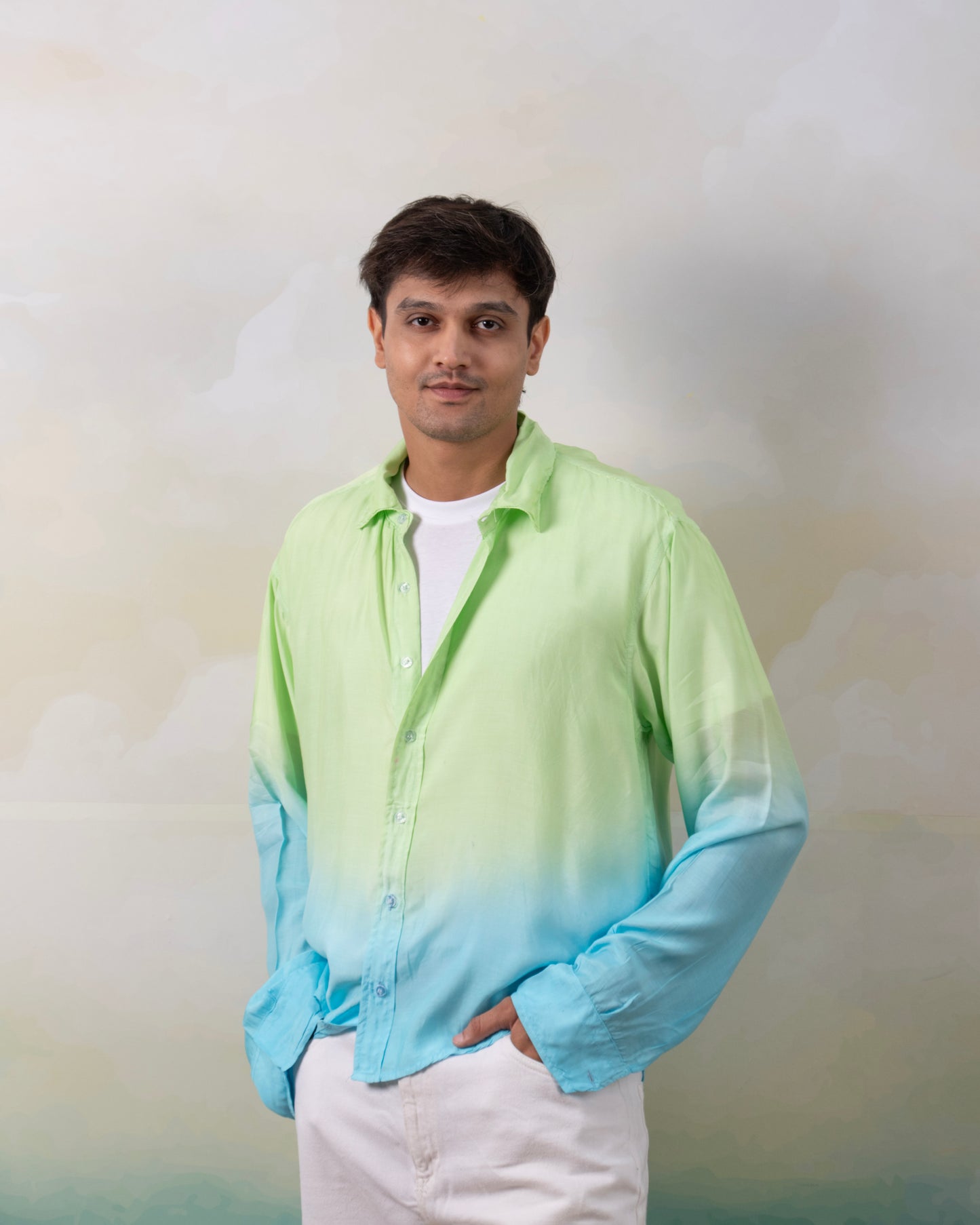 Electric Blue Lagoon Mint Green & Aqua Blue Oversized Ombre Summer Resort Wear Shirt for Men