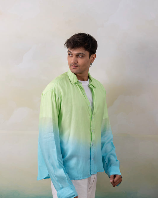 Electric Blue Lagoon Mint Green & Aqua Blue Oversized Ombre Summer Resort Wear Shirt for Men