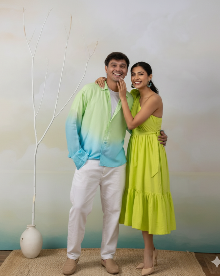 Lime Lush One-Shoulder Puff Sleeve Tiered Maxi Dress + Electric Lagoon Mint to Aqua Ombré Oversized Shirt (Couple Set)