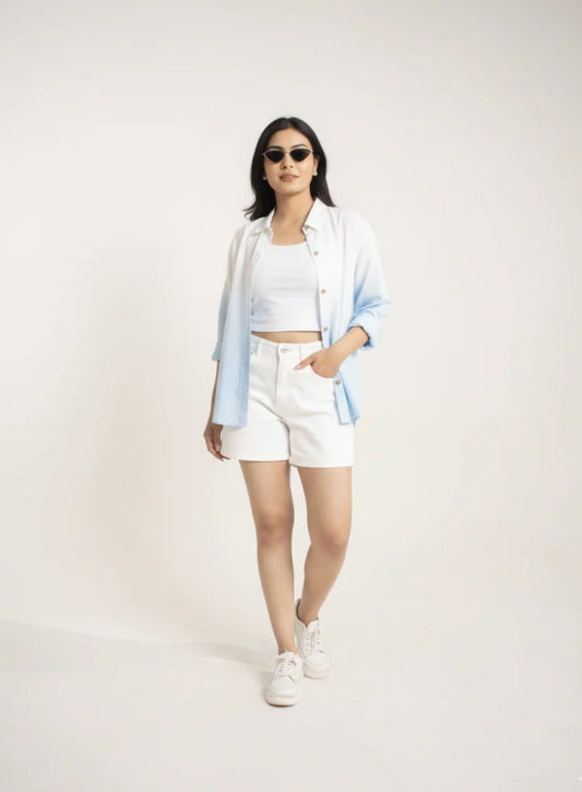 Frosty Sky Shirt Blue & White Oversized Ombre Summer Resort Wear Shirt for Women