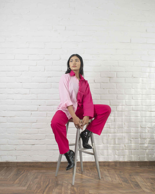 Hot 'N' Sweet Co-ord Set Color Block Hot Pink and Baby pink Full Sleeves 2 piece Cotton Co-ord Set for Women