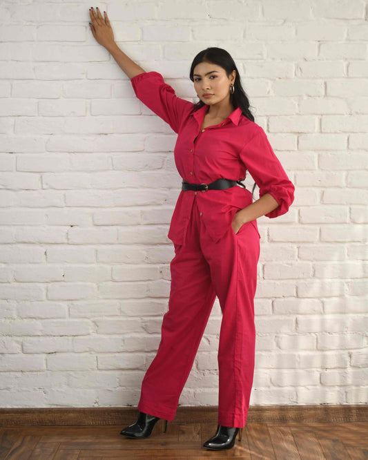 Raspberry Crush Solid Hot Pink 2 piece Cotton Co-Ord Set for Women