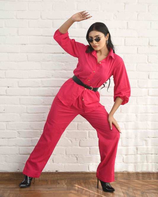 Raspberry Crush Solid Hot Pink 2 piece Cotton Co-Ord Set for Women