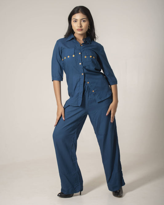 Royal Blue Dusk Solid Navy Blue 3/4th Sleeves 2 piece Cotton Silk Co-ord Set for Women
