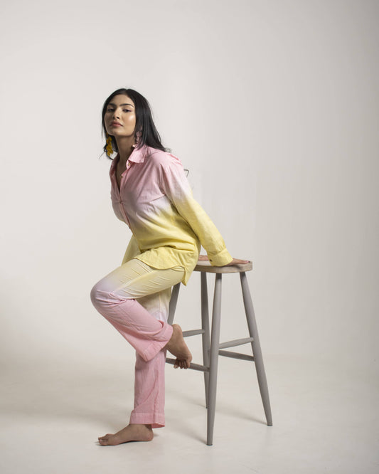 Melon Sorbet Co-ord set Ombre Pink and Yellow Full sleeves 2 piece Cotton Co-Ord Set for Women