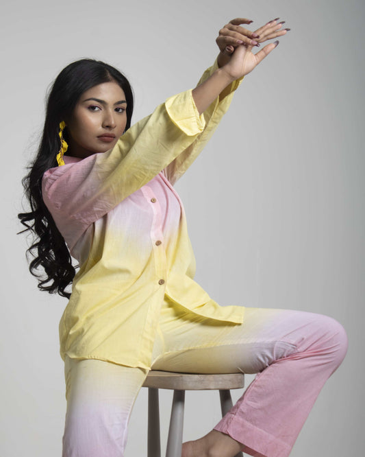 Melon Sorbet Co-ord set Ombre Pink and Yellow Full sleeves 2 piece Cotton Co-Ord Set for Women