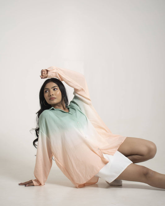 Watermelon Musk Shirt Green & Peach Oversized Ombre Summer Resort Wear Shirt for Women