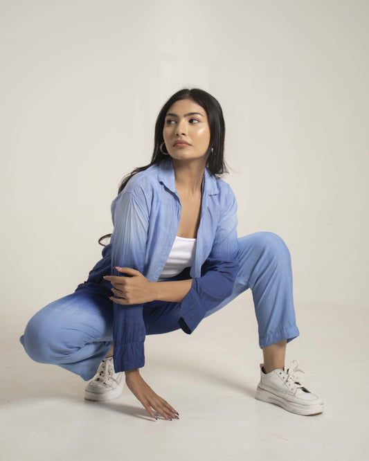 Midnight Ocean Blue Ombre Exotic Shades of Blue Full sleeves 2 piece Cotton Co-Ord Set for Women