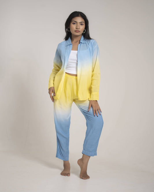 Marina Splash Ombre Aqua Blue and Yellow Full sleeves 2 piece Organic Cotton Co-Ord Set for Women