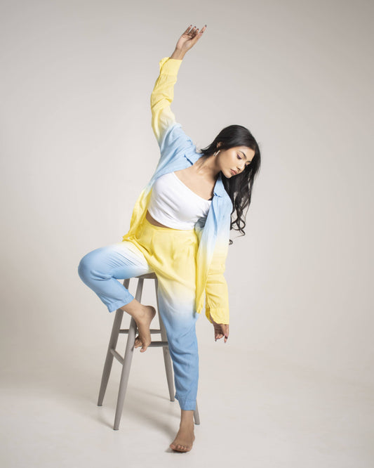 Marina Splash Ombre Aqua Blue and Yellow Full sleeves 2 piece Organic Cotton Co-Ord Set for Women