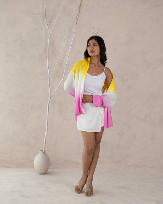 Dry Mango Yellow White Pink Ombré Cotton Shirt for Women