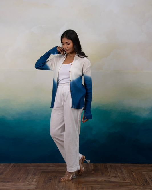 Sunday Blues Ivory to Blue Ombré Long Sleeve Textured Cotton Shirt for Women