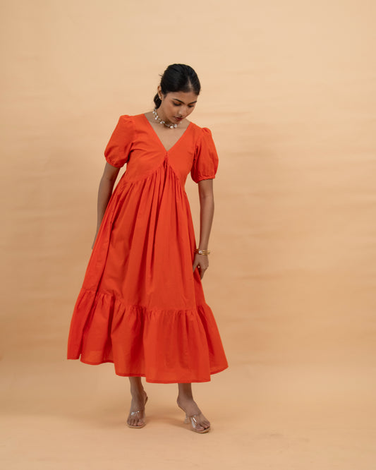 Sunkissed Tango Orange Puff Sleeves V neck Ankle Length Dress for women