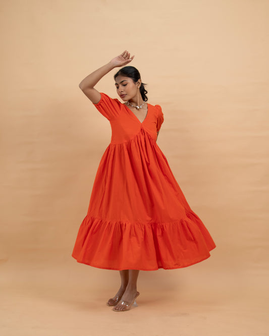 Sunkissed Tango Orange Puff Sleeves V neck Ankle Length Dress for women