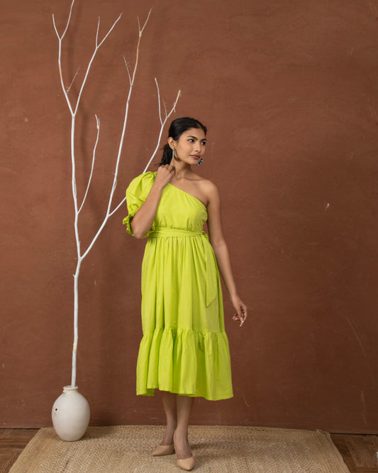 Lime Lush One-Shoulder Puff Sleeve Lime Green Maxi Dress with Tiered Hem for Women