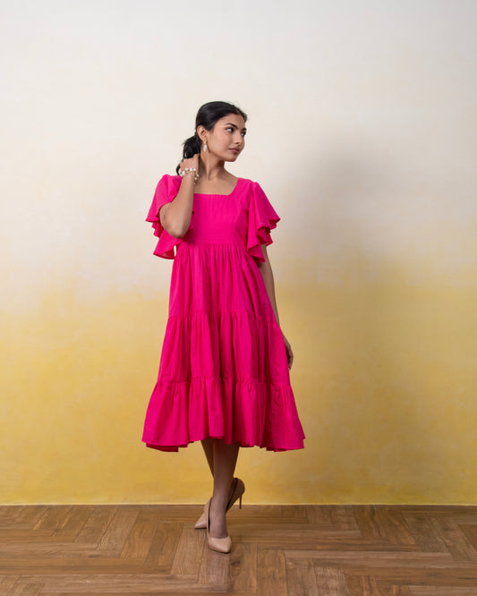 Flamingo Hour – Pink Maxi Dress with Ruffle Sleeves and Square Neckline for Women