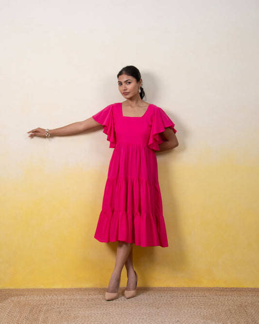 Flamingo Hour – Pink Maxi Dress with Ruffle Sleeves and Square Neckline for Women