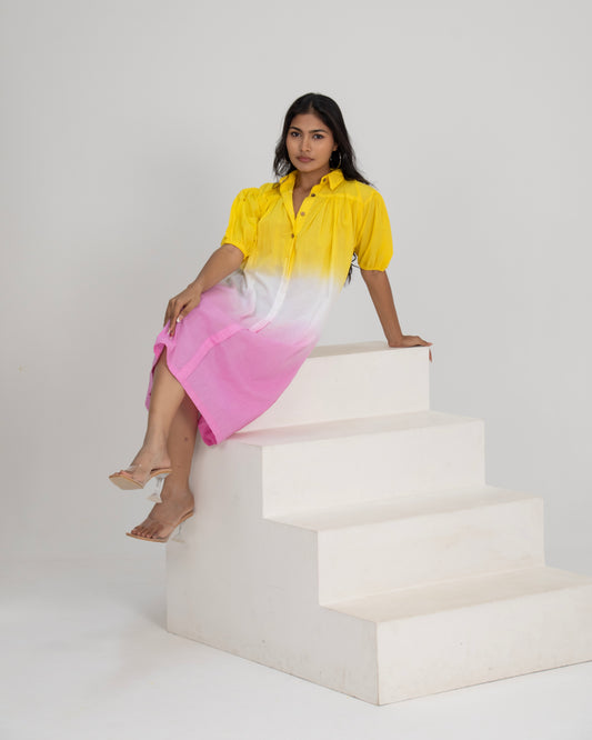 Gulabo Aura Yellow White Pink Ombré Flared Shirt Dress with Puff Sleeves for Women