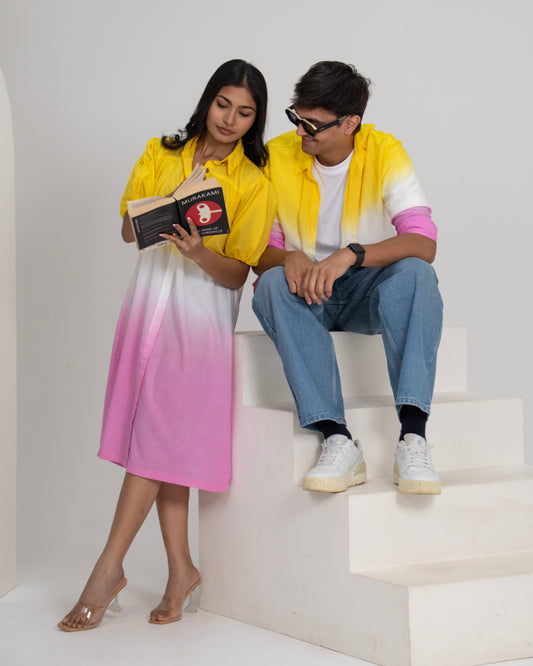 Gulabo Aura Flared Ombré Puff Sleeve Dress + Dry Mango Pastel Ombre Breathable Cotton Shirt Couple Set