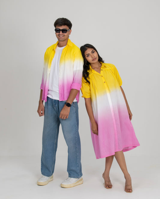 Gulabo Aura Flared Ombré Puff Sleeve Dress + Dry Mango Pastel Ombre Breathable Cotton Shirt Couple Set