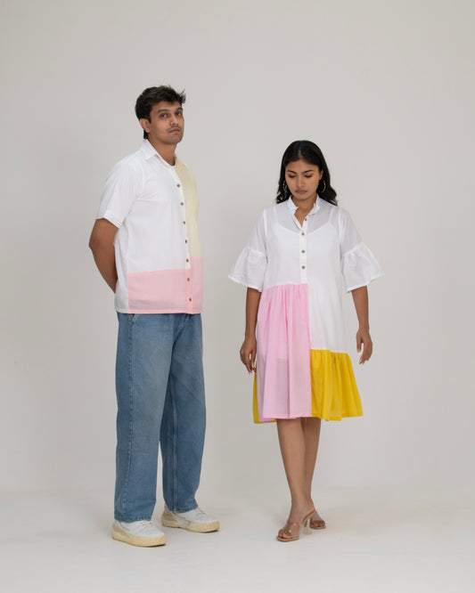 Morning Mellow Flounce Tier Dress for Women + Pastel Edit Colorblock Shirt for Men