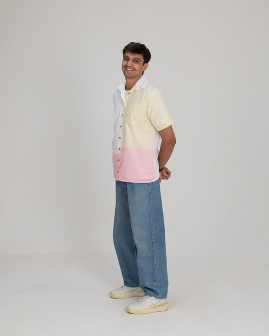 Pastel Edit Ivory, Yellow & Pink Colorblock Cotton Shirt with Patch Pocket for Men